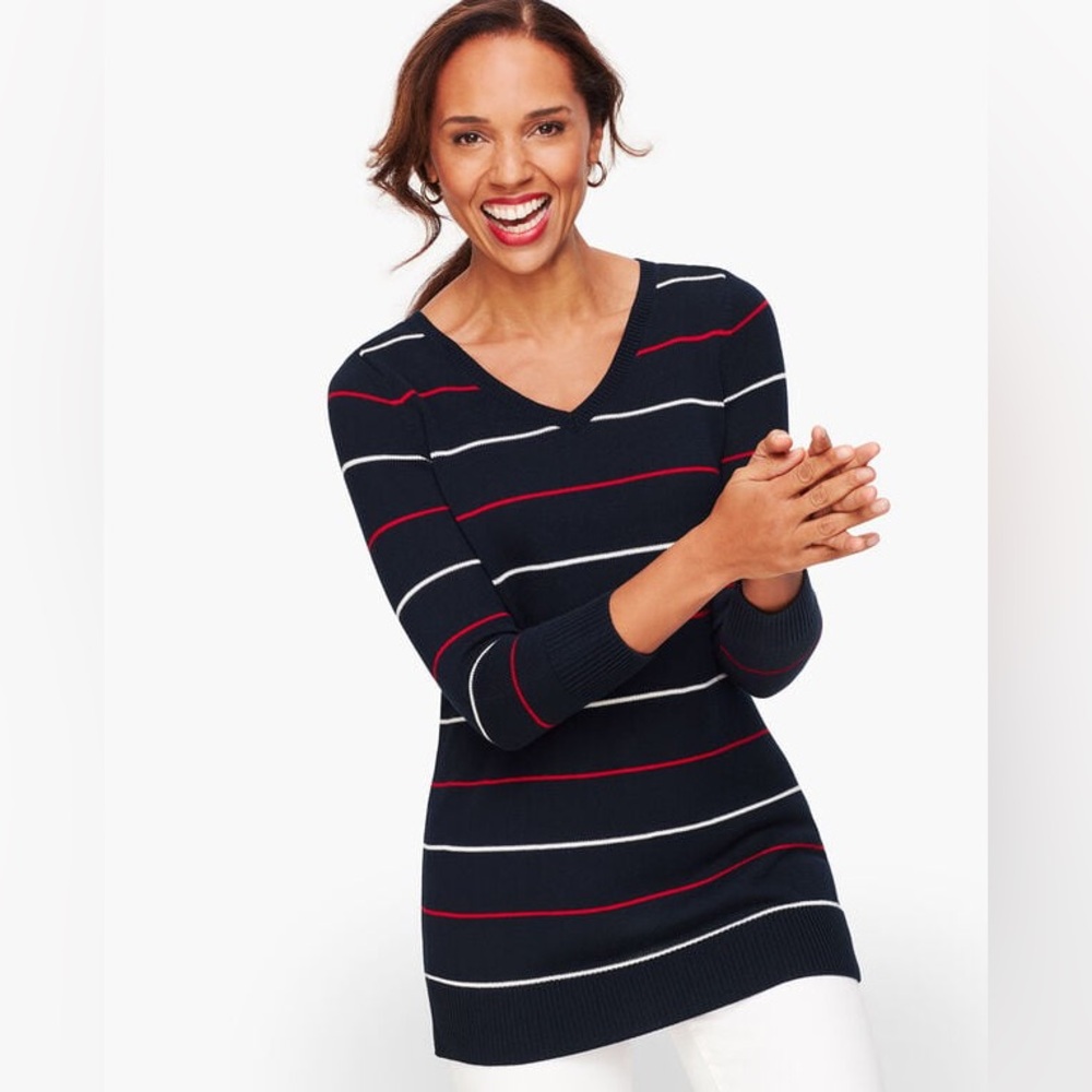 Talbots Women's Double V Tie Back Sweater Blue Red White Stripes Pima Cotton 2X